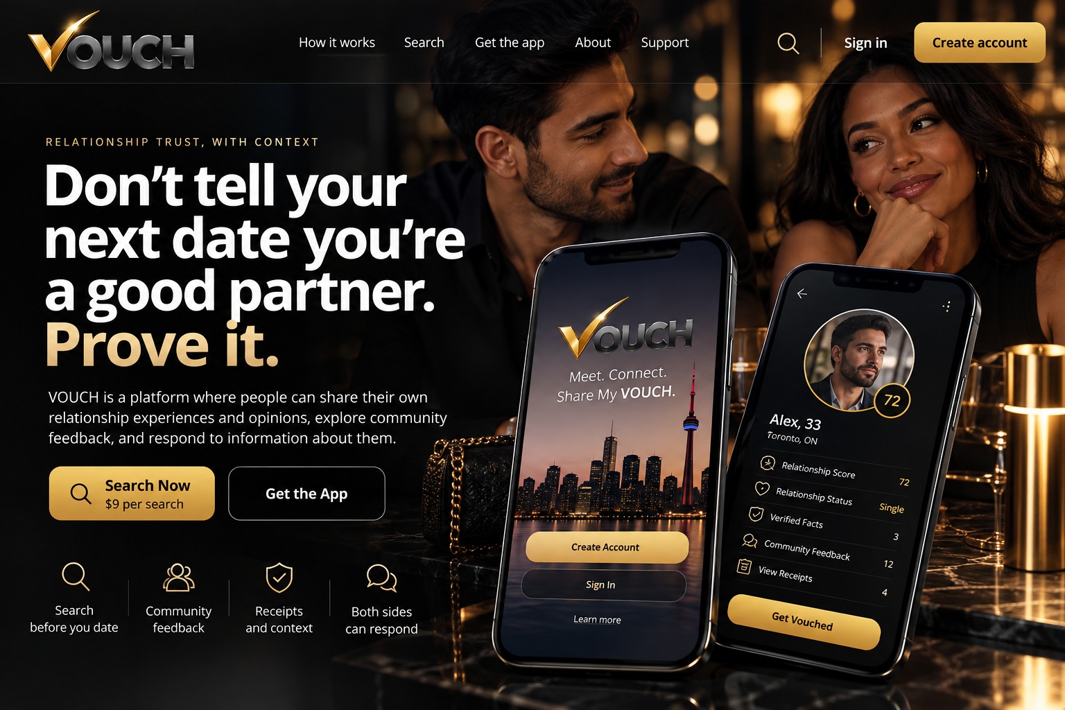 VOUCH. Relationship trust, with context. Don’t tell your next date you’re a good partner. Prove it. A couple and illustrative VOUCH phone screens.